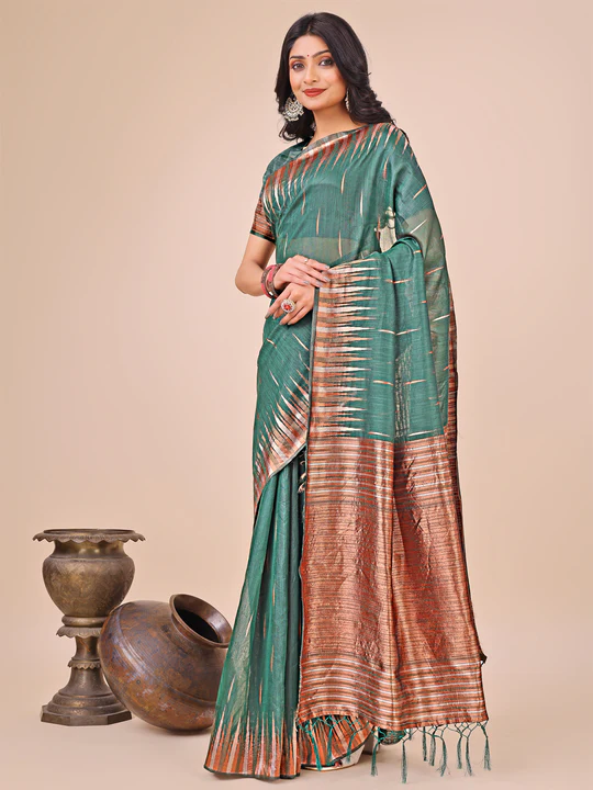 Green Linen Cotton Saree - Image 3