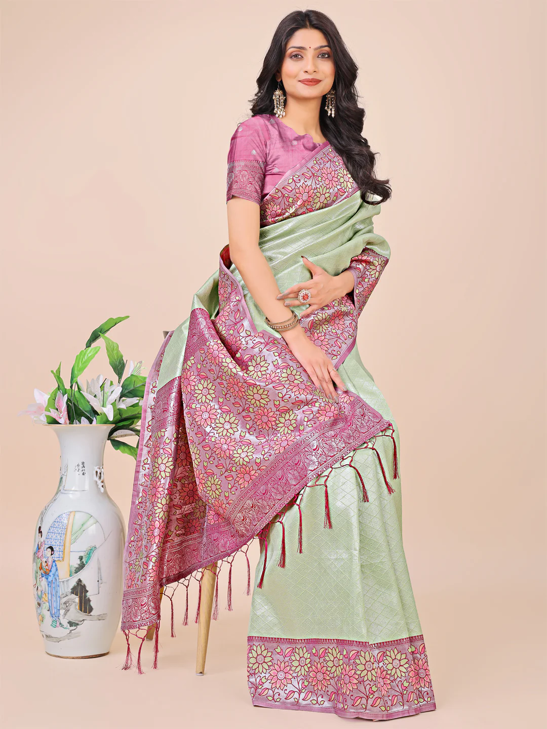 Olive Green Lichi Silk Saree