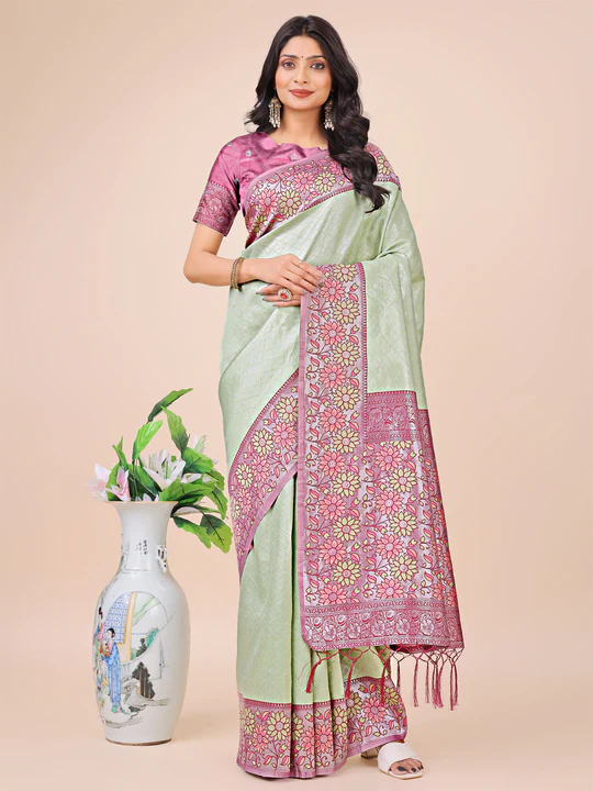 Olive Green Lichi Silk Saree - Image 3