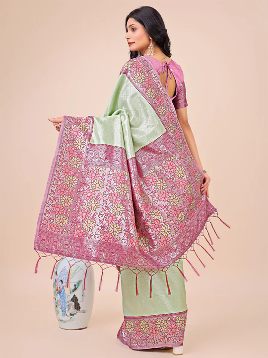 Olive Green Lichi Silk Saree - Image 2
