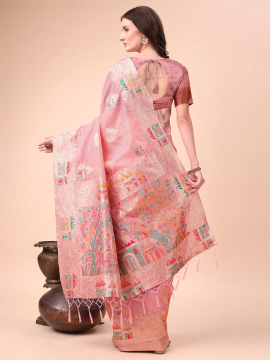 Pink Linen Cotton Saree - Image 2