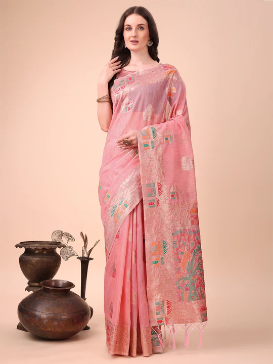 Pink Linen Cotton Saree - Image 3