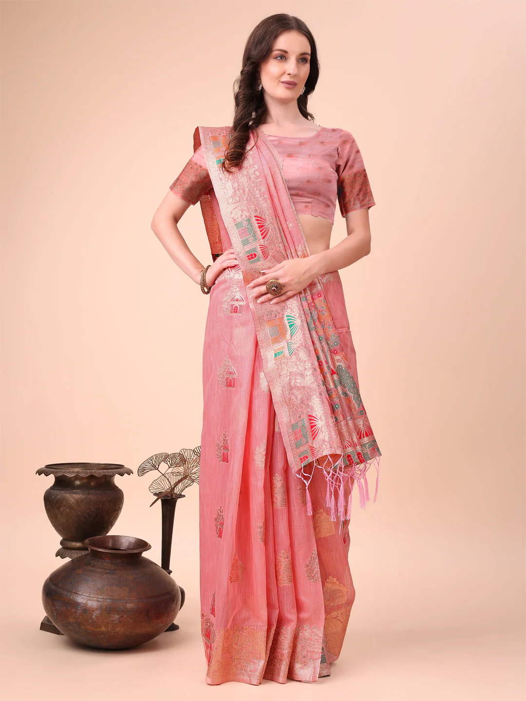 Pink Linen Cotton Saree