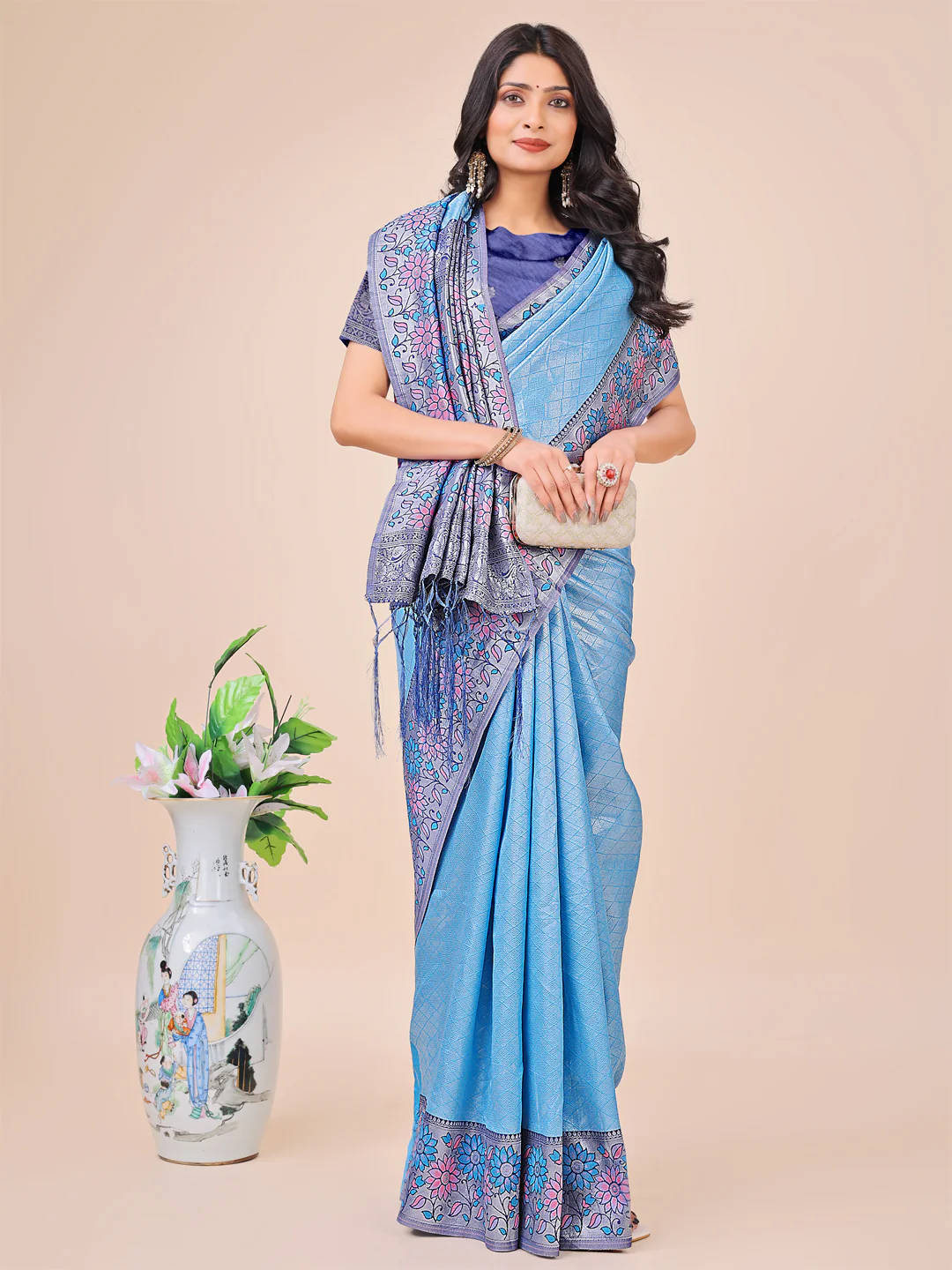 Sky Blue Lichi Silk Saree