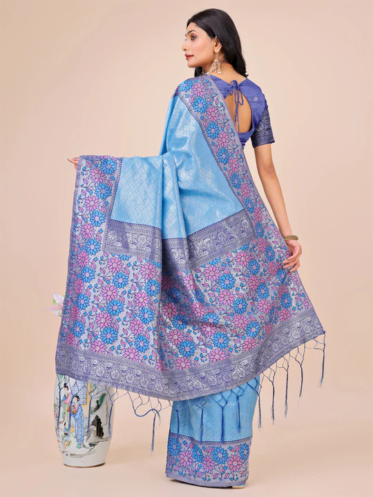 Sky Blue Lichi Silk Saree - Image 2