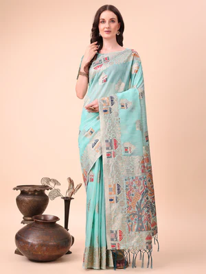 Sky Blue Linen Cotton Saree