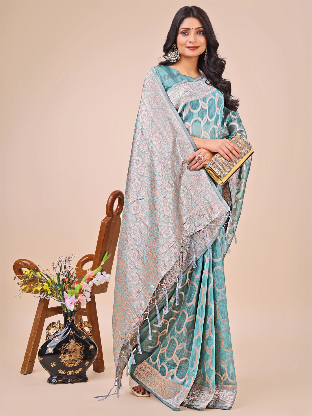 Teal Linen Cotton Saree
