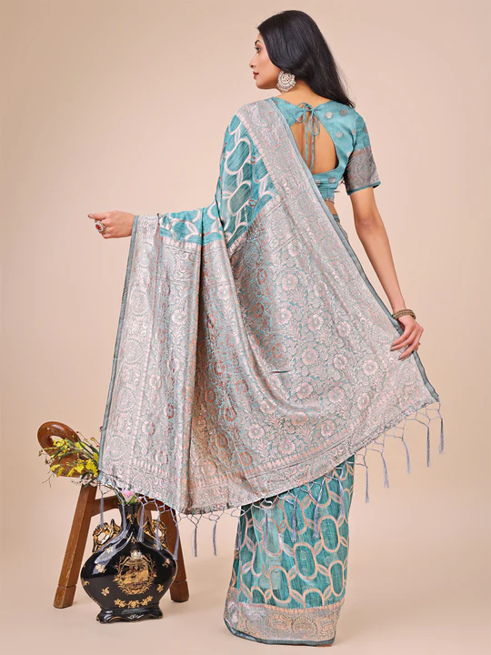 Teal Linen Cotton Saree - Image 2