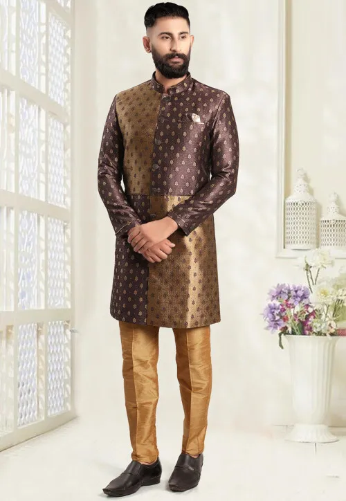Woven Art Silk Jacquard Asymmetric Sherwani in Brown - Image 2