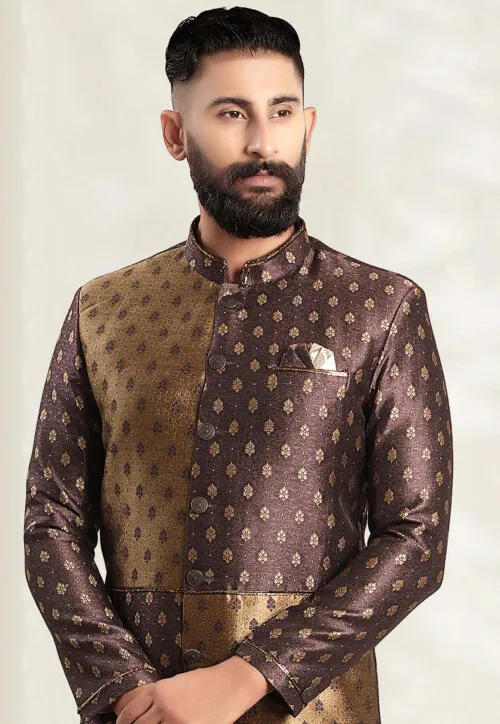 Woven Art Silk Jacquard Asymmetric Sherwani in Brown