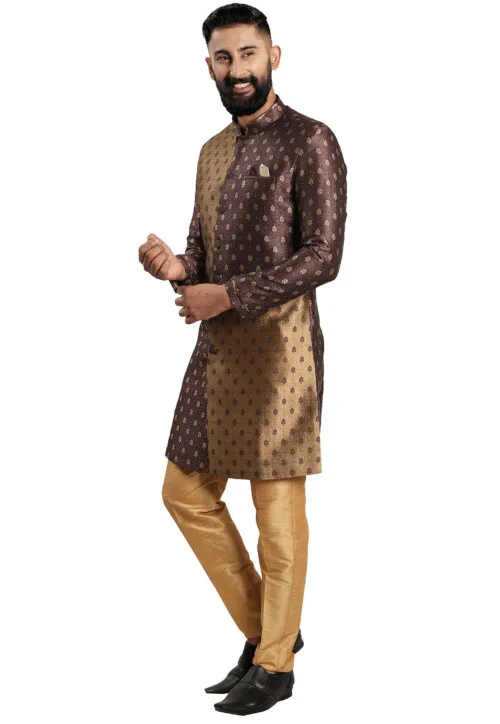 Woven Art Silk Jacquard Asymmetric Sherwani in Brown - Image 3