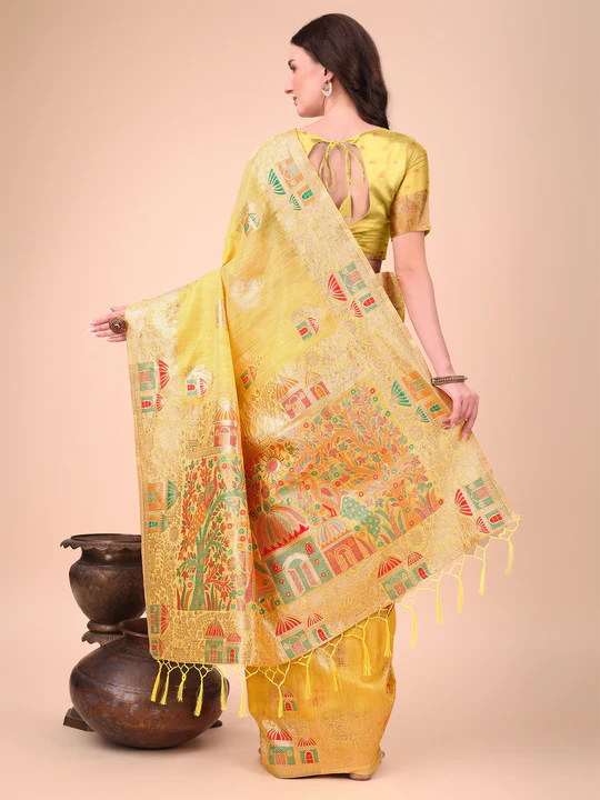 Yellow Linen Cotton Saree - Image 3
