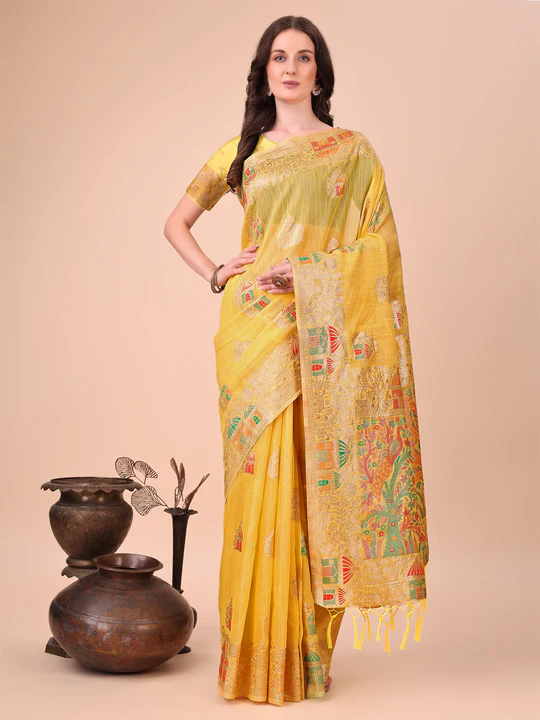 Yellow Linen Cotton Saree - Image 2