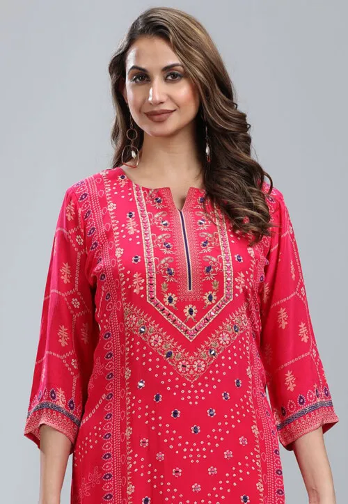 Digital Printed Chinon Silk Suit in Fuchsia - Image 2