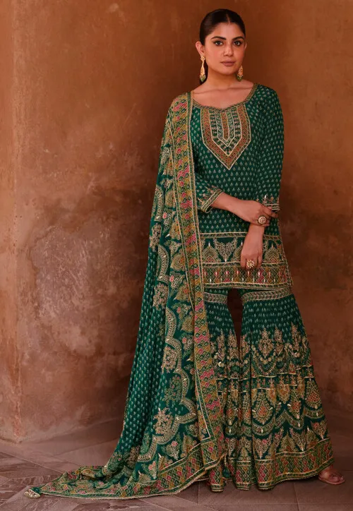 Digital Printed Crepe Suit in Teal Green