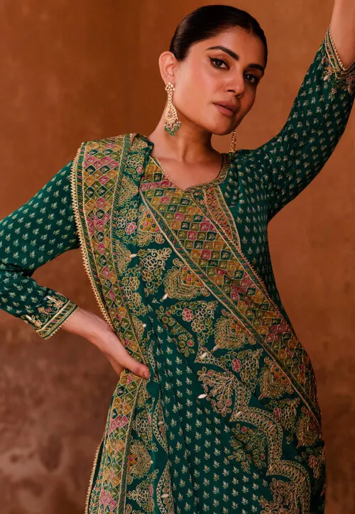 Digital Printed Crepe Suit in Teal Green - Image 2