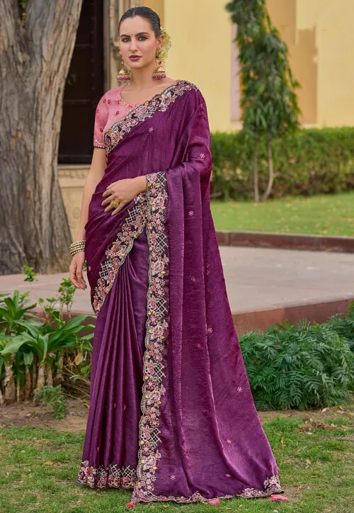 Embroidered Art Silk Crushed Saree in Purple