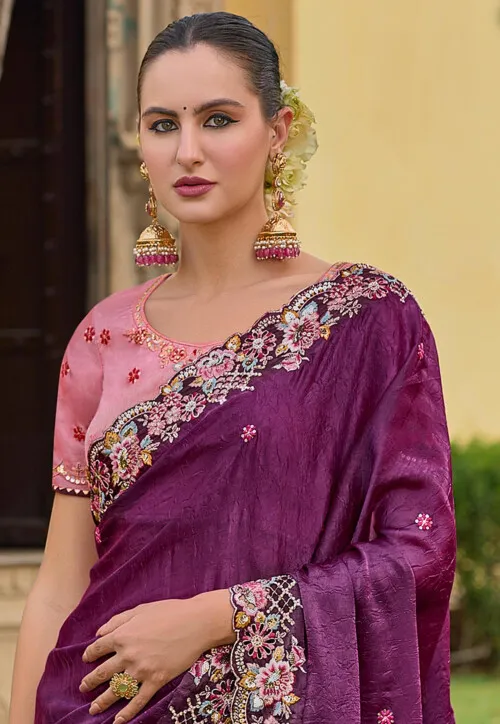Embroidered Art Silk Crushed Saree in Purple - Image 2