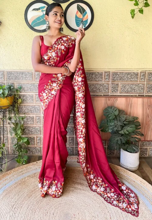 Embroidered Border Art Silk Scalloped Saree in Maroon