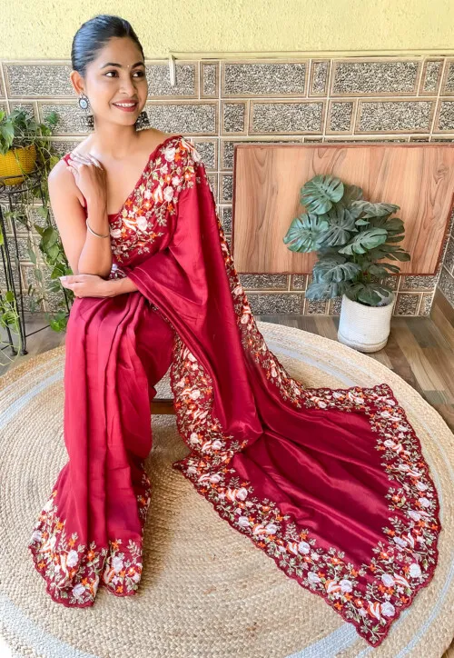 Embroidered Border Art Silk Scalloped Saree in Maroon - Image 2