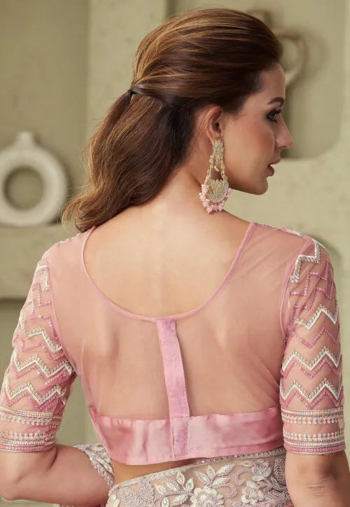 Embroidered Border Satin Georgette Saree in Pink - Image 3