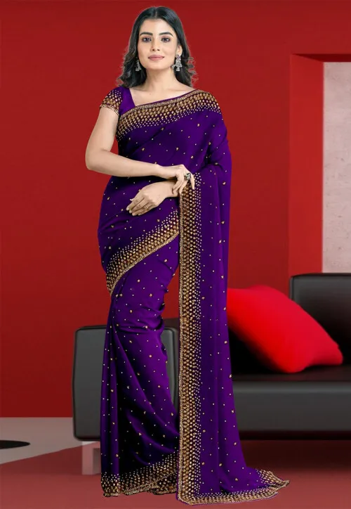 Embroidered Georgette Saree in Dark Purple