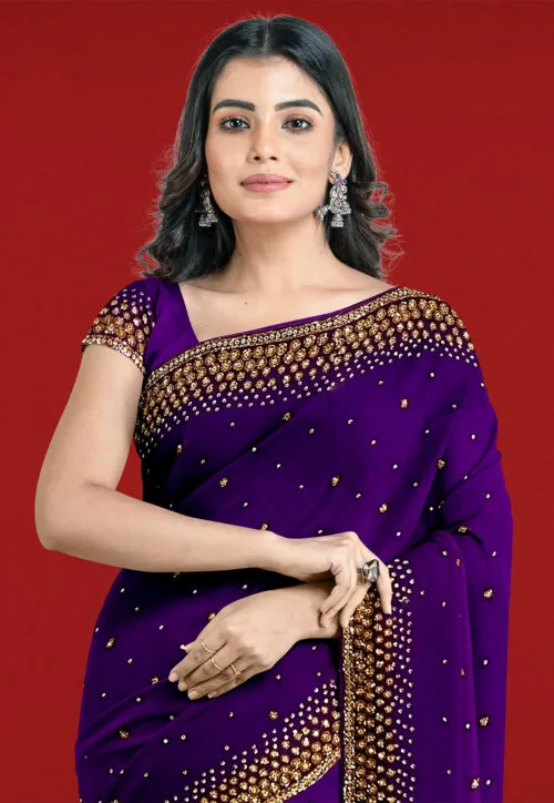 Embroidered Georgette Saree in Dark Purple - Image 2