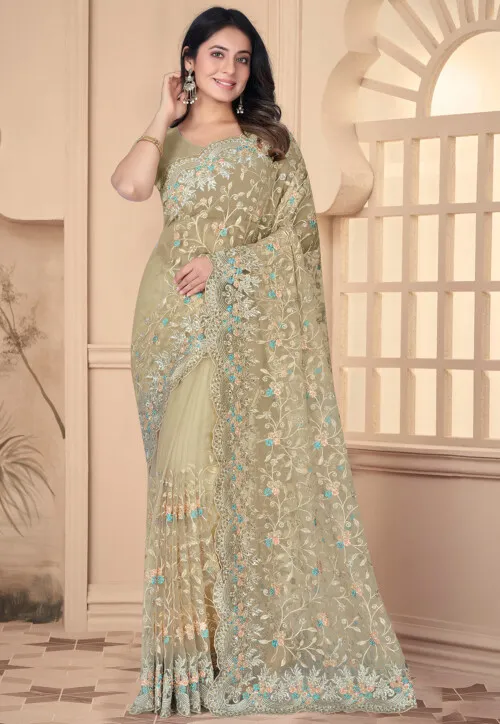 Embroidered Net Scalloped Saree in Beige