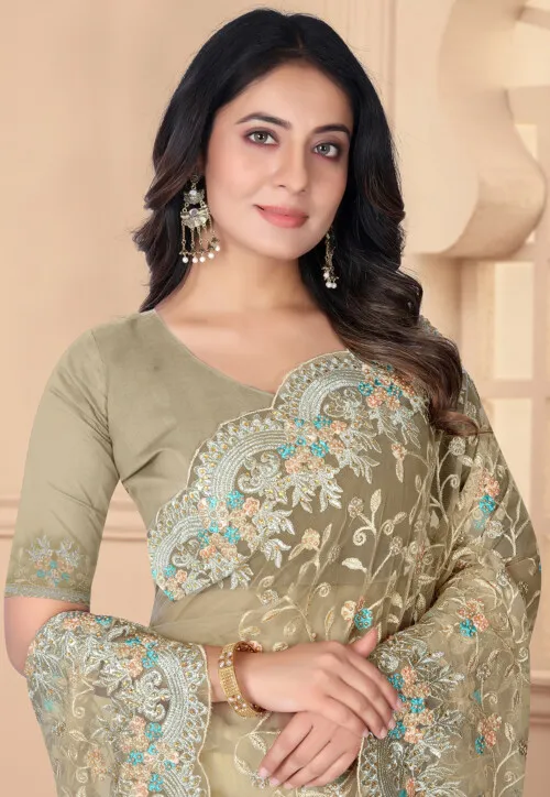 Embroidered Net Scalloped Saree in Beige - Image 2