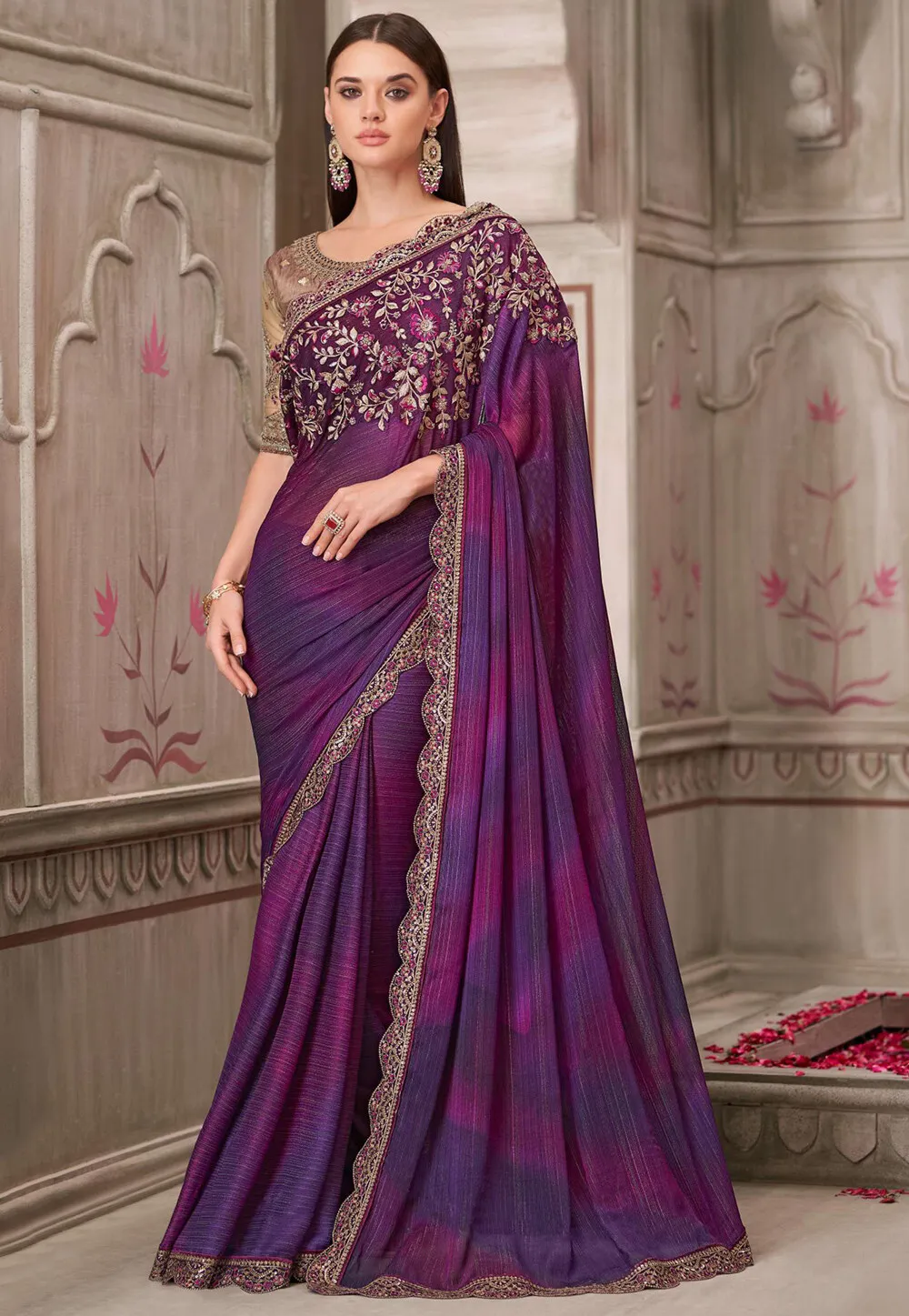 Embroidered Satin Georgette Scalloped Saree in Purple