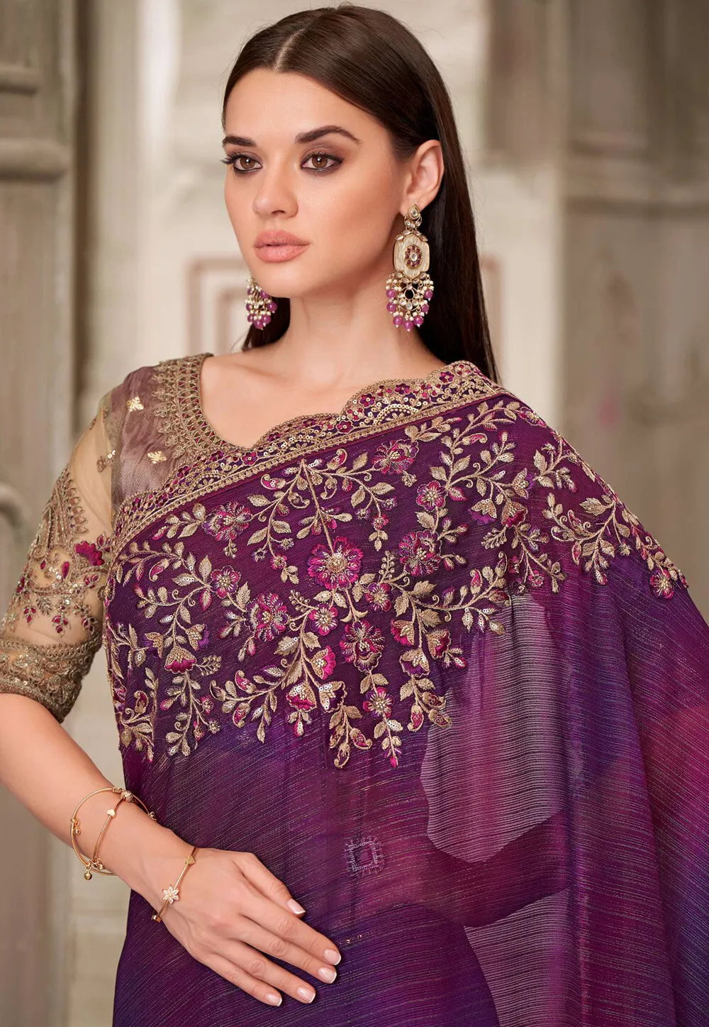 Embroidered Satin Georgette Scalloped Saree in Purple - Image 2