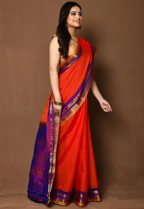 Handloom Cotton Silk Gadwal Saree in Orange - Image 2