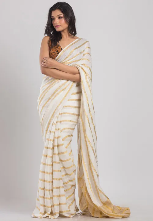 Handloom Cotton Silk Saree in Off White - Image 2