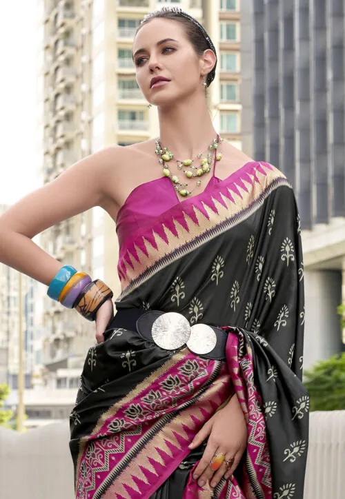 Ikat Printed Art Silk Saree in Black - Image 2