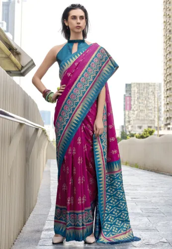 Ikat Printed Art Silk Saree in Black - Image 7