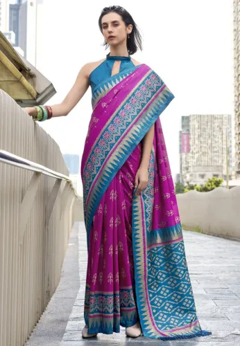 Ikat Printed Art Silk Saree in Black - Image 5