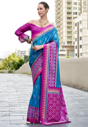 Ikat Printed Art Silk Saree in Black