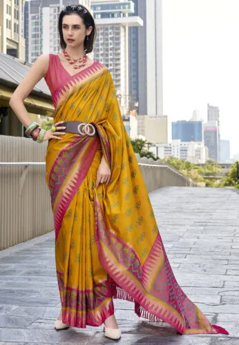 Ikat Printed Art Silk Saree in Black - Image 3