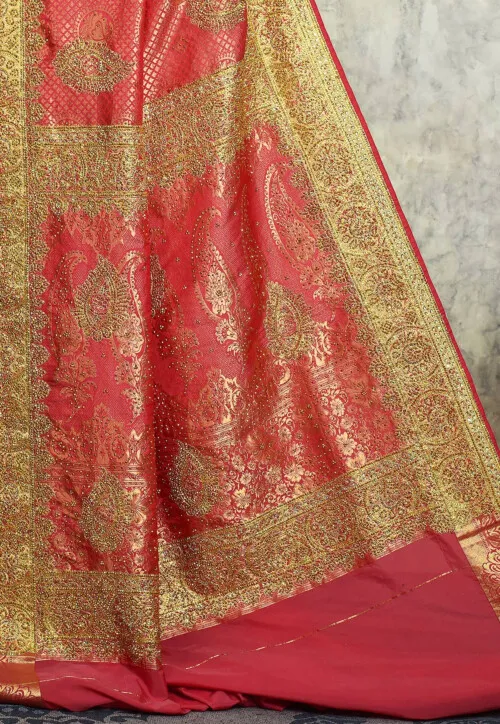 Kanchipuram Silk Saree in Coral Pink - Image 2