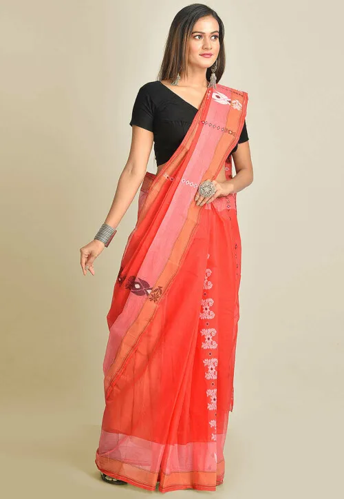 Tant Cotton Saree in Coral Red - Image 2