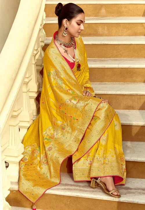 Woven Art Silk Saree in Mustard - Image 3
