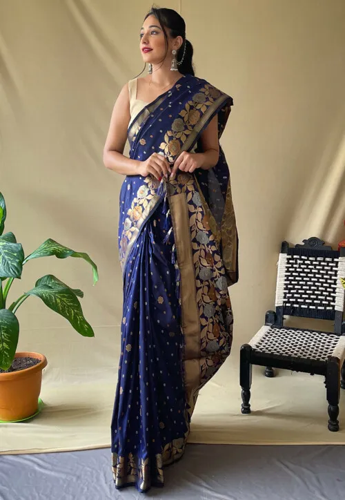 Woven Art Silk Saree in Navy Blue - Image 2