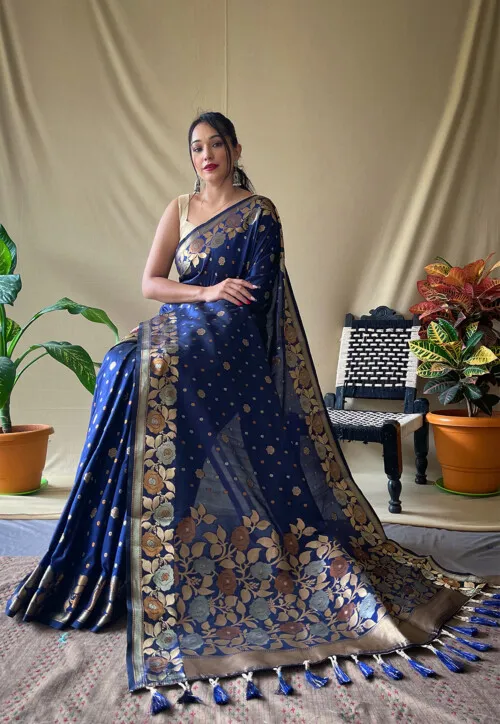 Woven Art Silk Saree in Navy Blue