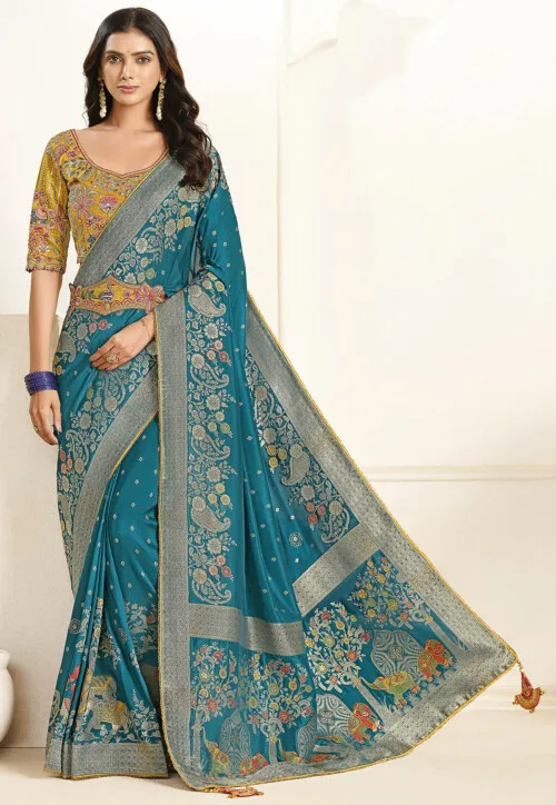 Woven Art Silk Scalloped Saree in Teal Blue