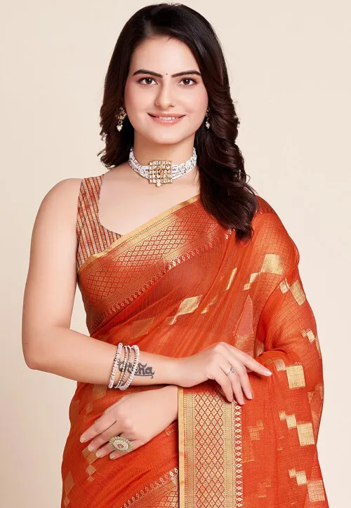 Woven Kota Doria Saree in Orange - Image 2