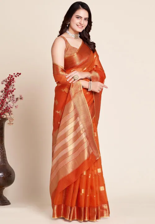 Woven Kota Doria Saree in Orange - Image 3