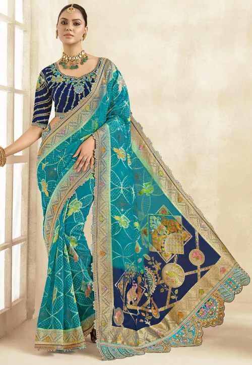 Woven Organza Scalloped Saree in Yellow - Image 2