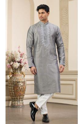 Dark Grey Jacquard Banarasi Silk Kurta Pajama
